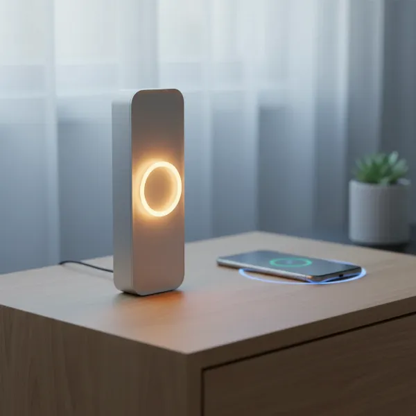A modern smart alarm clock on a bedside table, emitting a gentle sunrise light, with a smartphone charging wirelessly next to it, illustrating its advanced wake-up features and connectivity.