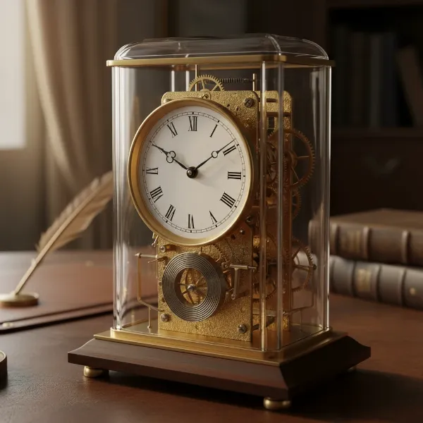 A close-up of a classic mechanical desk clock with visible gears and brass components
