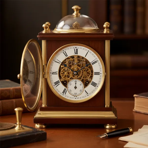 A classic mechanical desk clock with intricate brass gears visible, Roman numerals, and a polished wooden case.