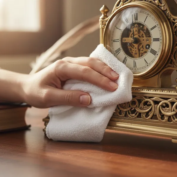 A hand gently dusting a vintage desk clock with a soft cloth, demonstrating careful maintenance.