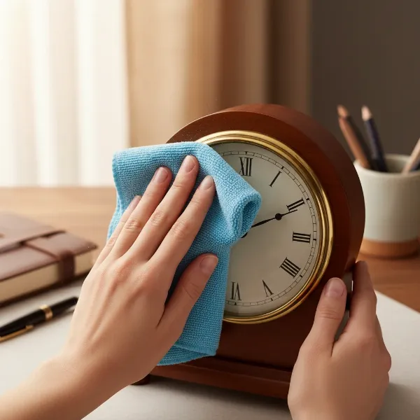 A person gently dusting a classic wooden desk clock with a soft microfiber cloth, highlighting careful maintenance.
