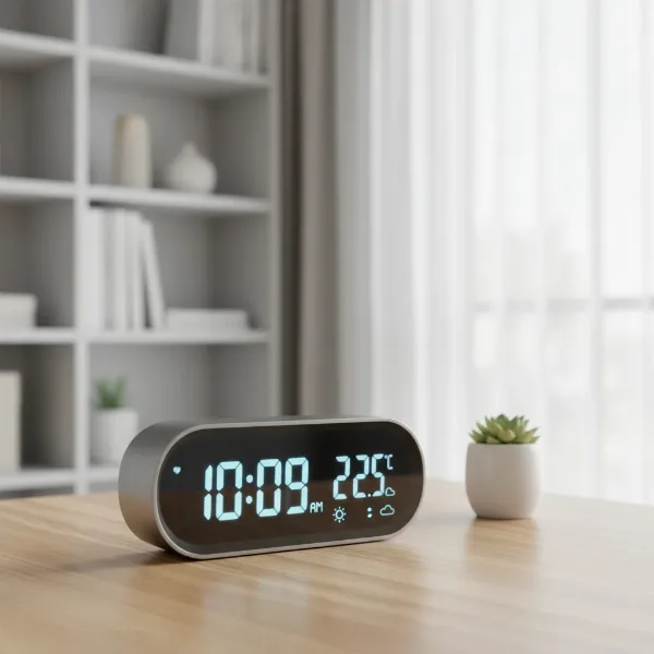 A minimalist digital desk clock on a compact wooden desk in a modern apartment.