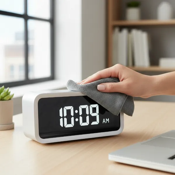 Person gently cleaning a desk clock with a soft cloth, demonstrating proper maintenance.