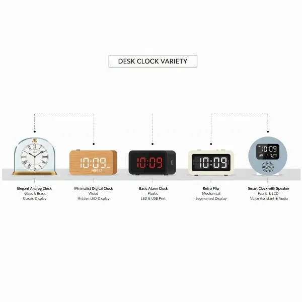 Illustrative image of different types of desk clocks, side-by-side, reflecting variety mentioned in comparison table.