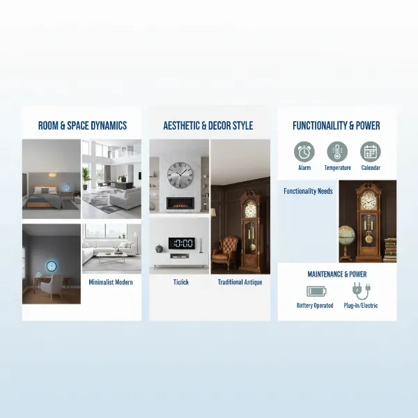 A visual representation of factors to consider when choosing a clock, including room size, decor style, and functional needs, with illustrations of each aspect.