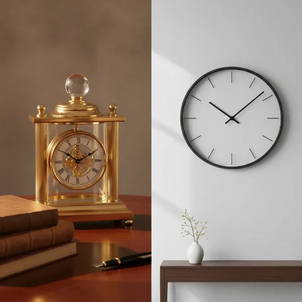 A stylish desk clock on a neatly organized wooden desk and a modern wall clock on a minimalist living room wall, illustrating their respective placements and aesthetic contributions.