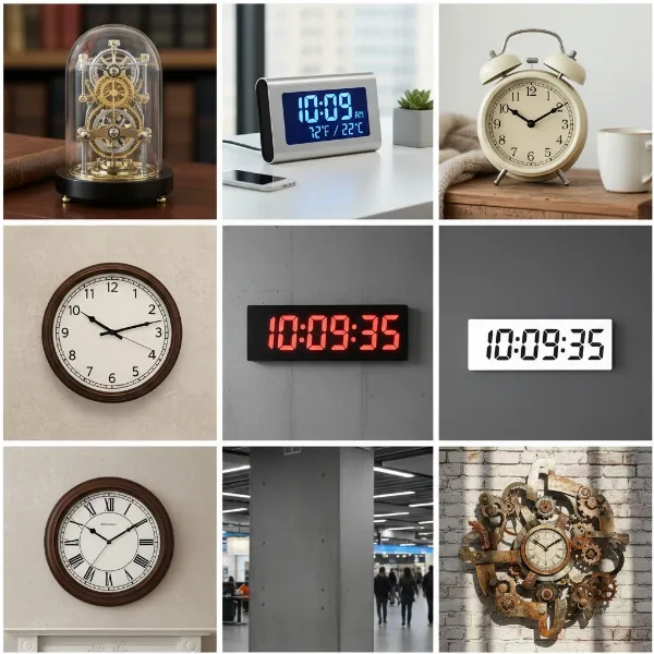 A collage showing different types of desk clocks (mechanical, digital, alarm) and wall clocks (analog, digital, decorative), highlighting their unique characteristics.