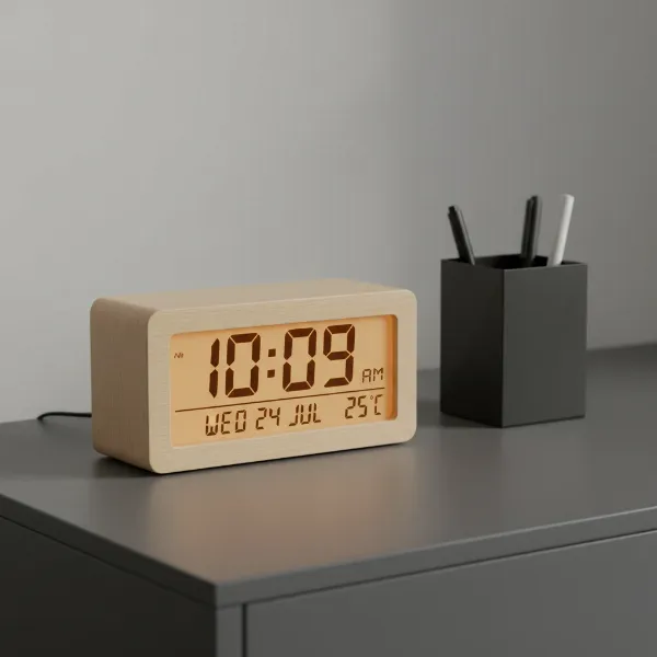 A modern digital wooden desk clock with multiple functions displayed