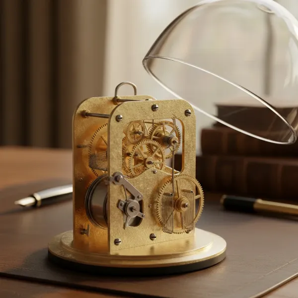 An intricate mechanical desk clock showcasing visible gears and components within its elegant casing, highlighting craftsmanship.