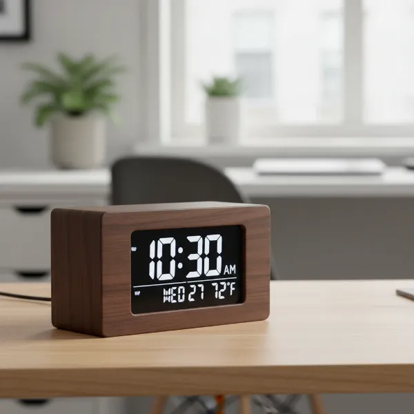 A sleek, minimalist digital desk clock displaying time, date, and temperature, with soft ambient lighting on a contemporary wooden desk.