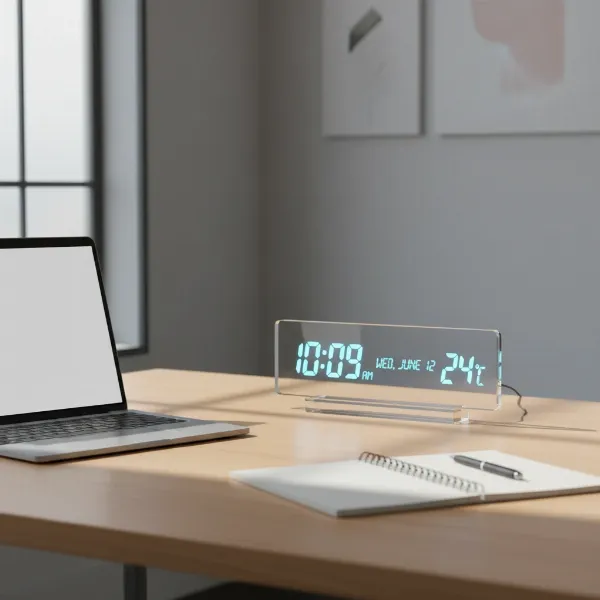 Sleek digital desk clock on a modern agency office desk with computer and notepad.