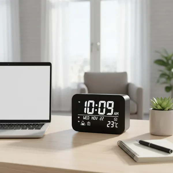 A sleek modern digital desk clock on an organized wooden desk in a contemporary home office, displaying time, date, and temperature with soft backlighting.