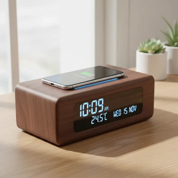 Modern digital desk clock displaying time, temperature, and charging a smartphone wirelessly, on a minimalist wooden desk.