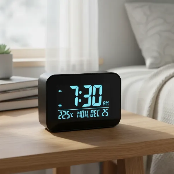 A compact multi-functional digital clock displaying time, date, and temperature in a cozy apartment setting.