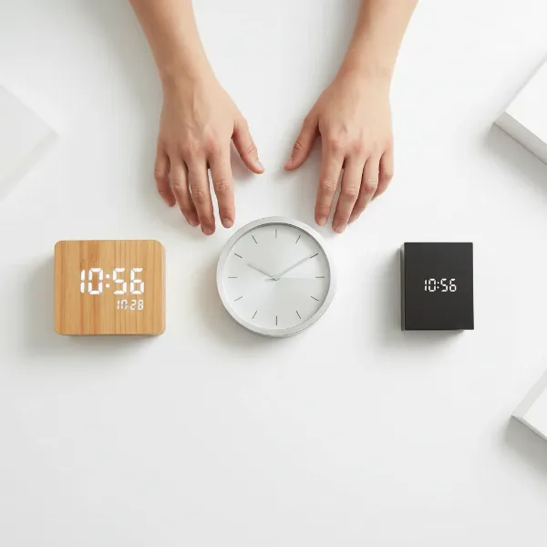 A person comparing different minimalist desk clocks for their workspace