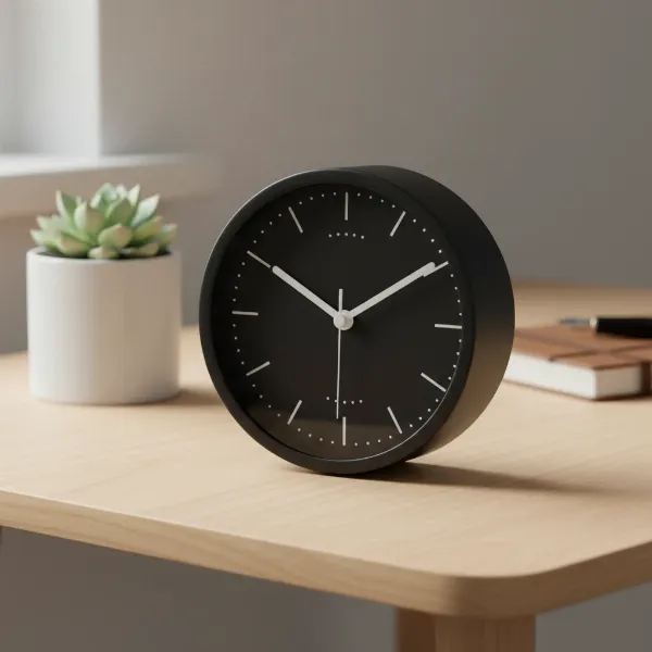 A minimalist analog desk clock with a silent sweep movement on a Scandinavian-style desk.