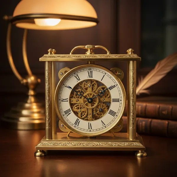 An ornate, brass mechanical desk clock with intricate gears visible through a glass casing, placed on an antique wooden desk.